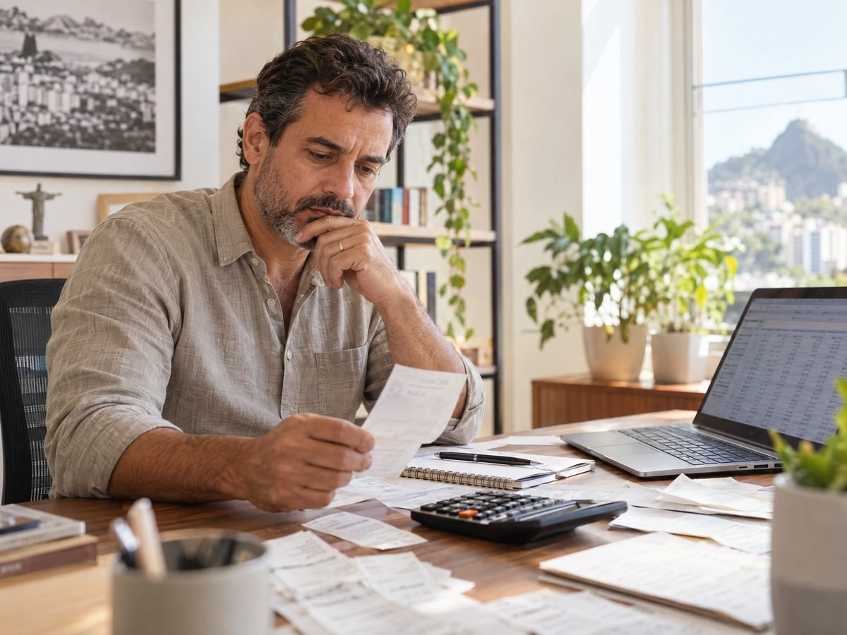 Empresário conferindo contas e anotações na mesa do escritório